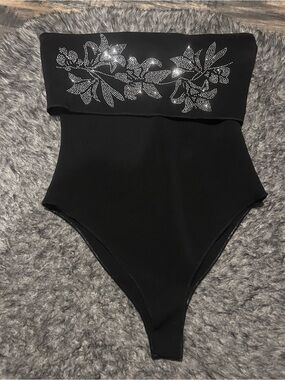 Zara Black Strapless Bodysuit with Rhinestone Floral Detail